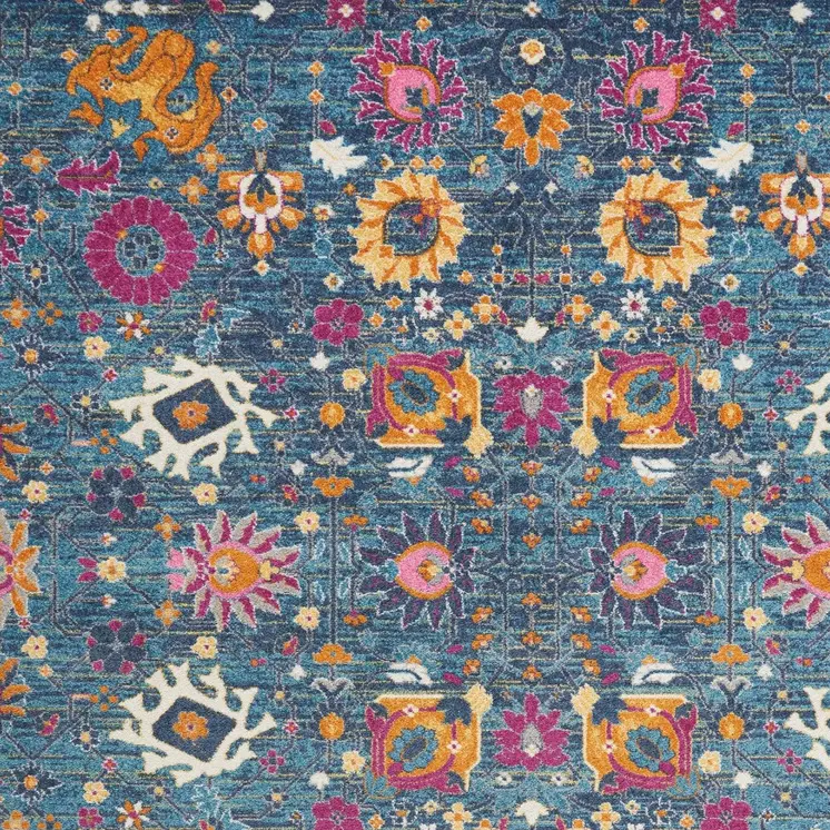 8' X 10' Blue And Orange Floral Distressed Area Rug