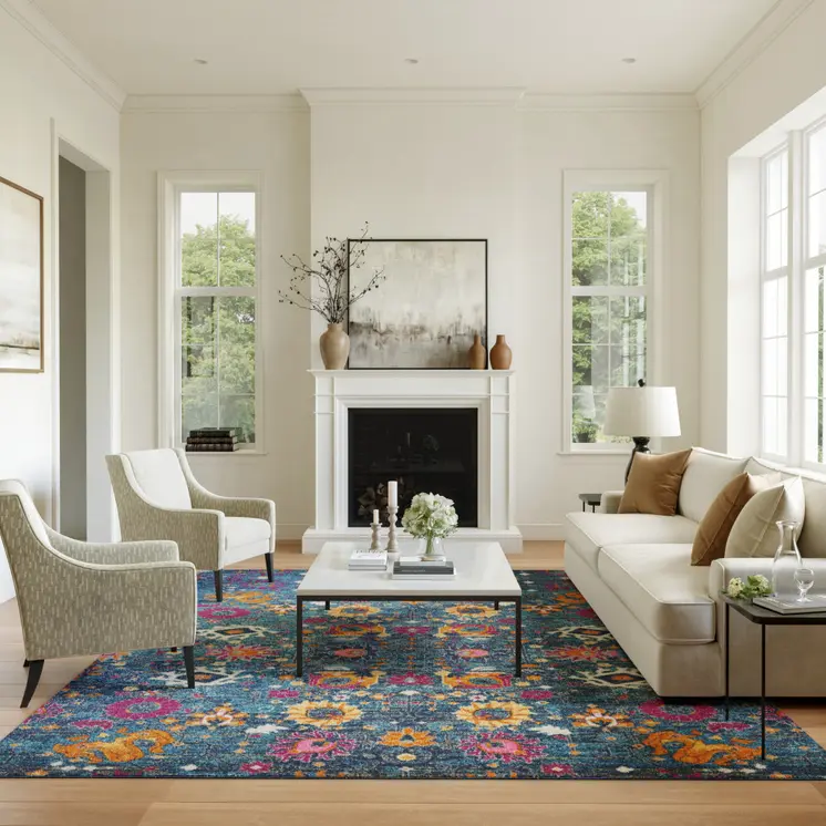 8' X 10' Blue And Orange Floral Distressed Area Rug
