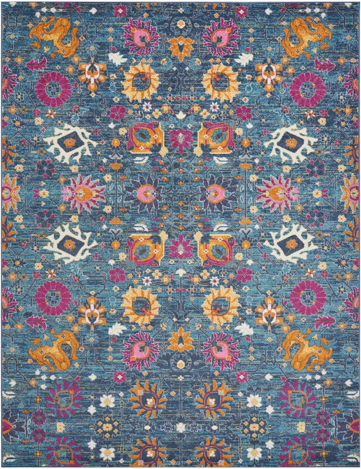 8' X 10' Blue And Orange Floral Distressed Area Rug