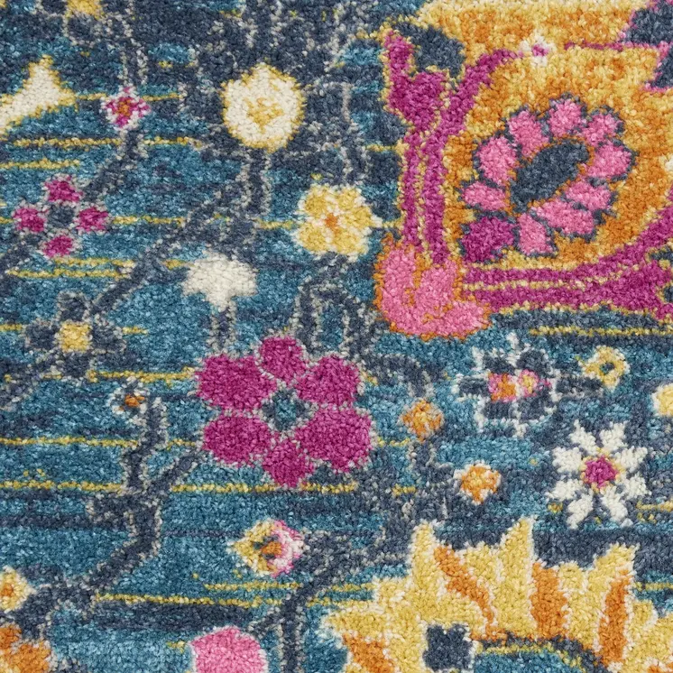 8' Blue And Orange Floral Distressed Round Rug