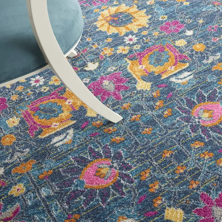 8' Blue And Orange Floral Distressed Round Rug