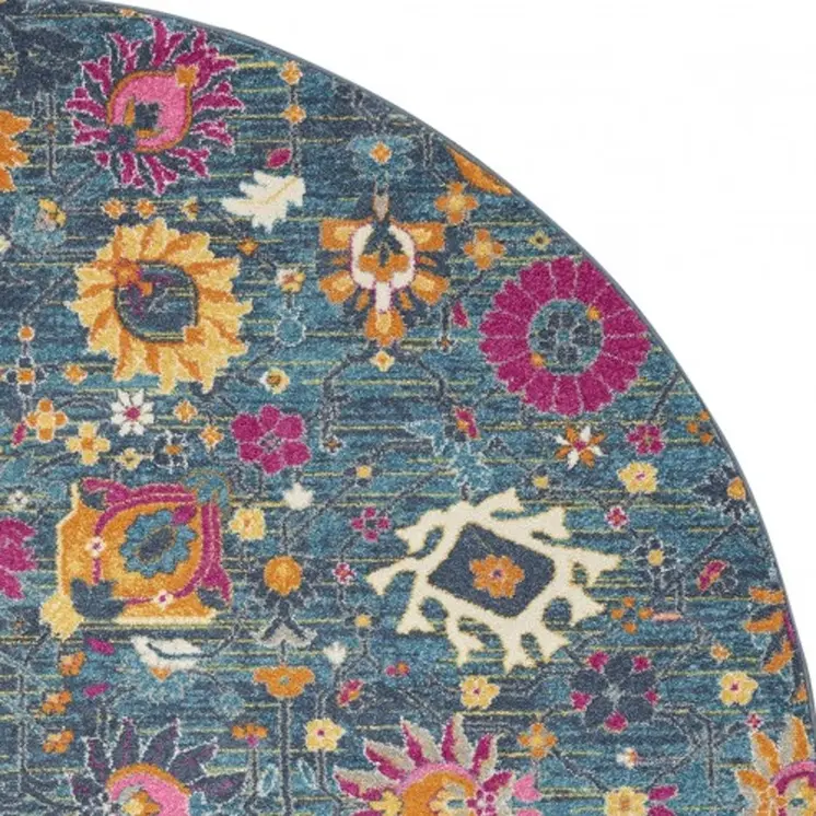 8' Blue And Orange Floral Distressed Round Rug