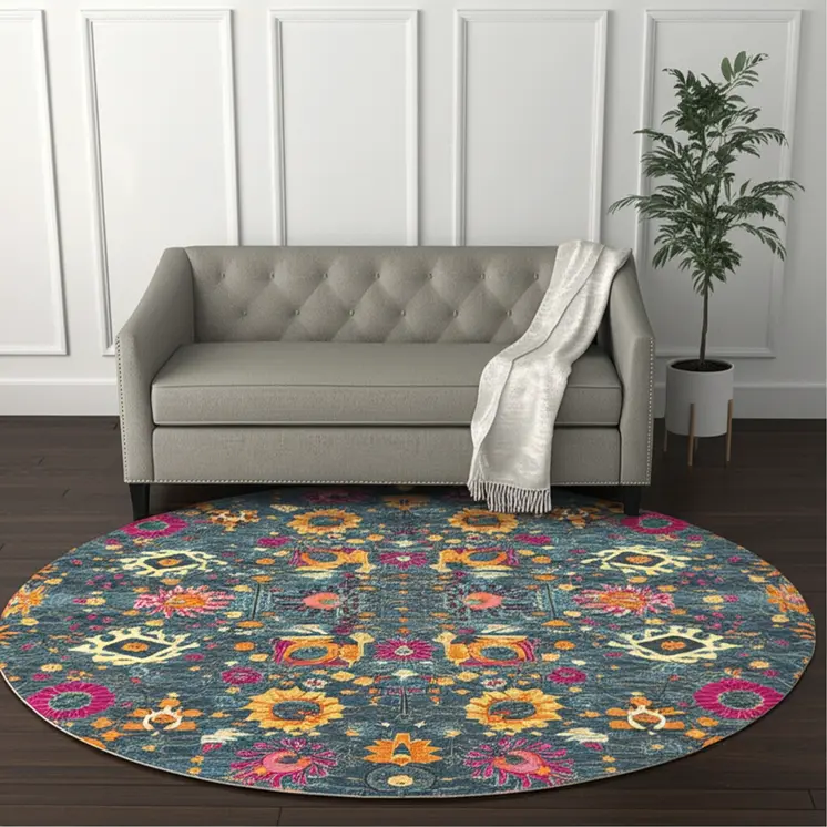 8' Blue And Orange Floral Distressed Round Rug
