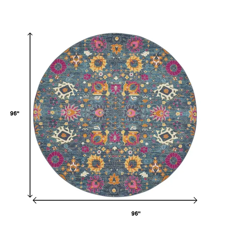 8' Blue And Orange Floral Distressed Round Rug