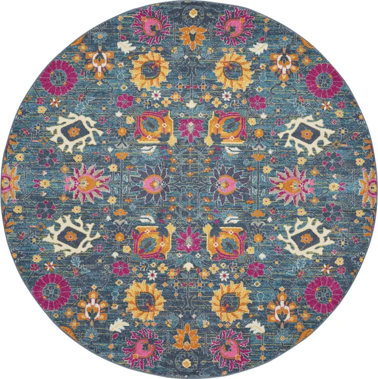8' Blue And Orange Floral Distressed Round Rug