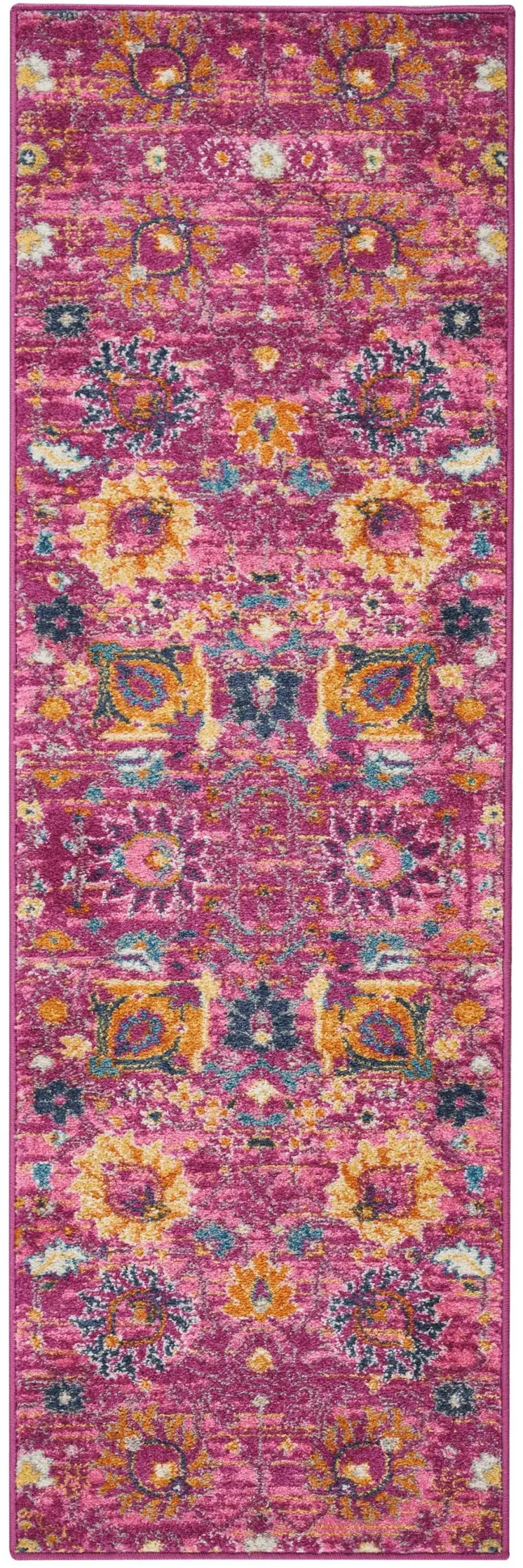 6' Fuchsia And Orange Floral Distressed Runner Rug