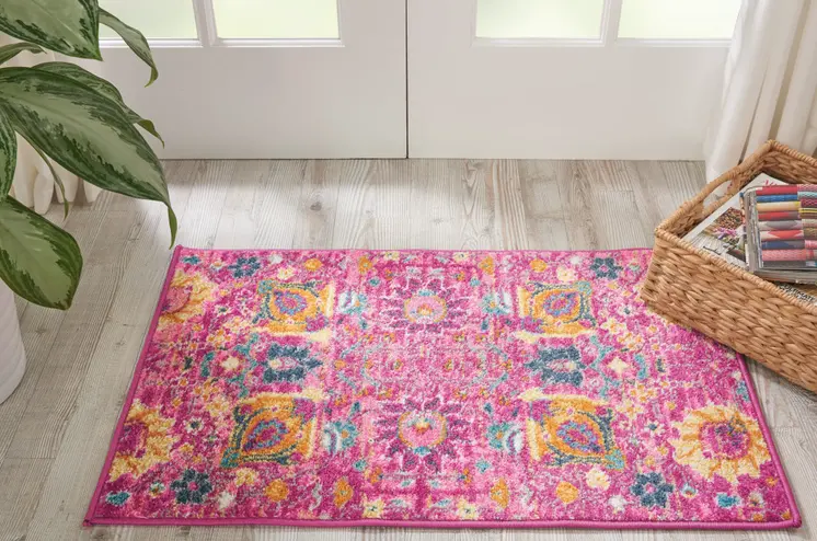 2' X 3' Fuchsia And Orange Floral Distressed Area Rug