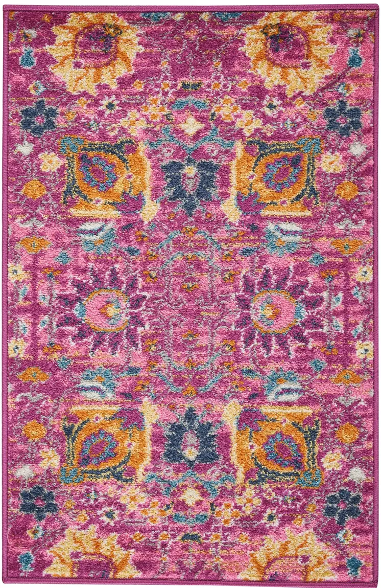 2' X 3' Fuchsia And Orange Floral Distressed Area Rug