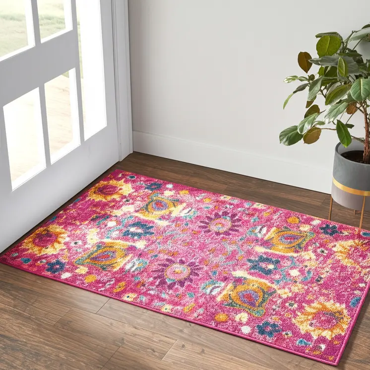 2' X 3' Fuchsia And Orange Floral Distressed Area Rug