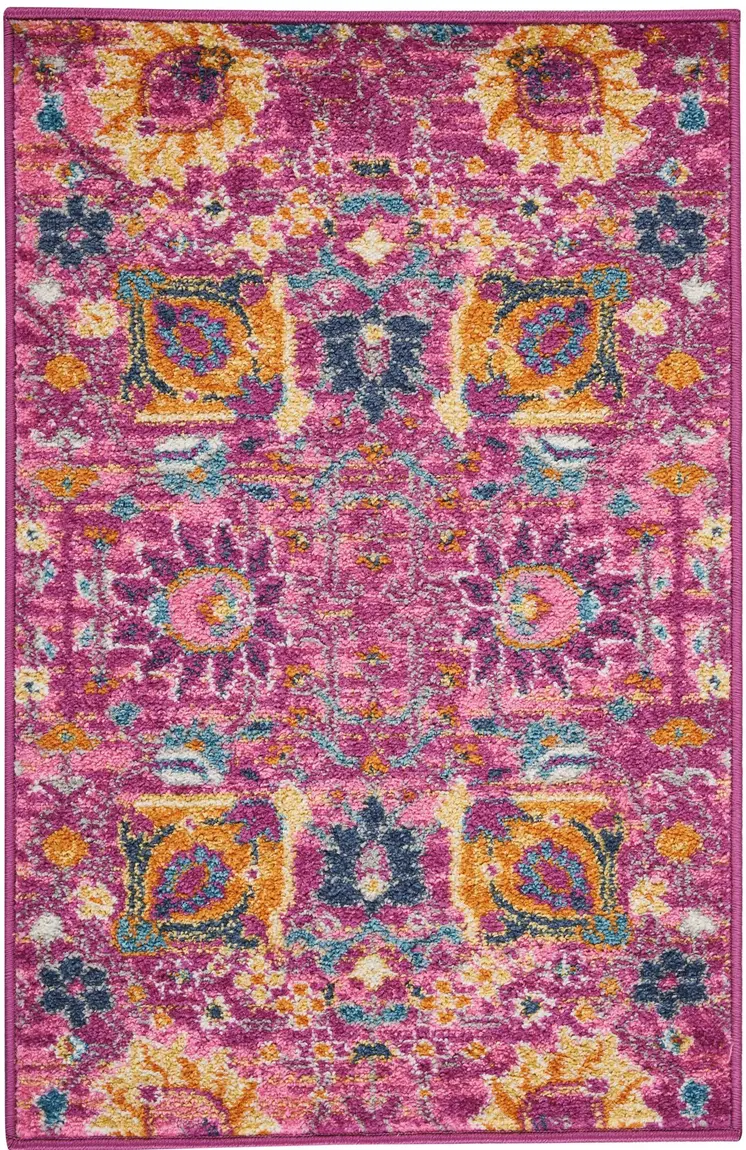 2' X 3' Fuchsia And Orange Floral Distressed Area Rug
