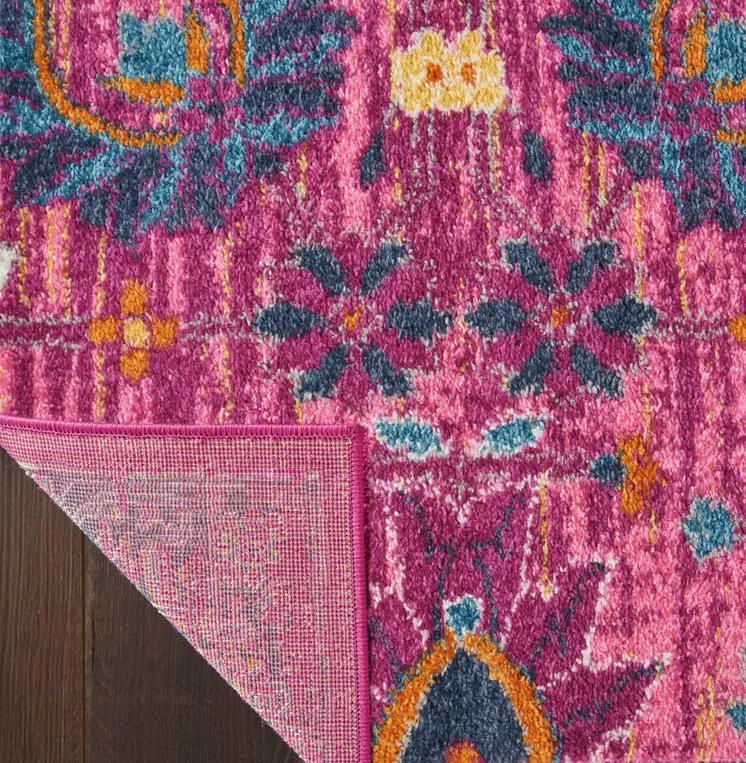 8' Fuchsia And Orange Floral Distressed Runner Rug