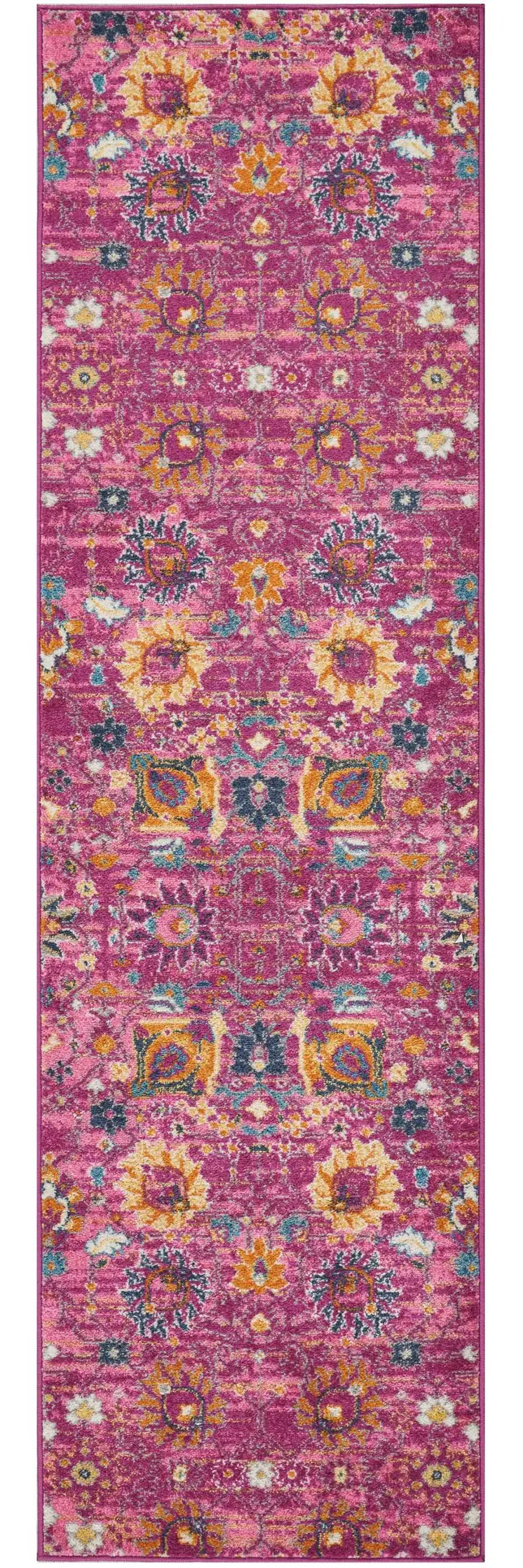 8' Fuchsia And Orange Floral Distressed Runner Rug