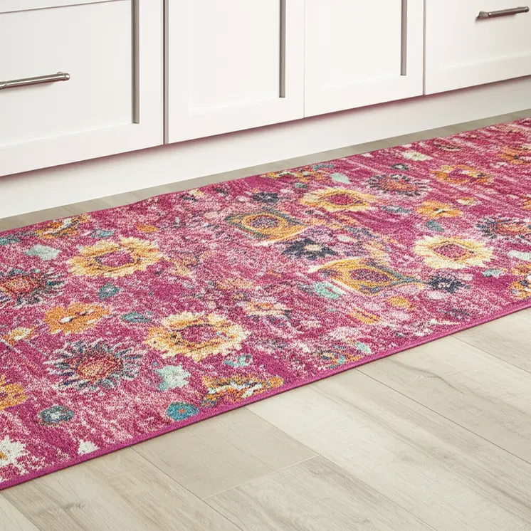 8' Fuchsia And Orange Floral Distressed Runner Rug
