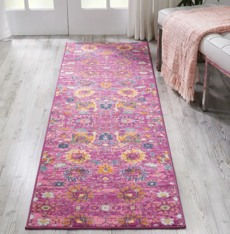 8' Fuchsia And Orange Floral Distressed Runner Rug