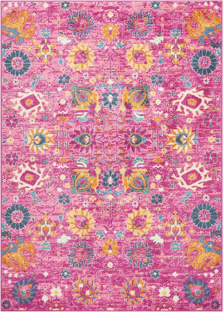 5' X 7' Fuchsia And Orange Floral Distressed Area Rug