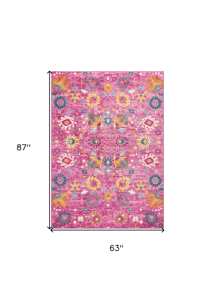 5' X 7' Fuchsia And Orange Floral Distressed Area Rug