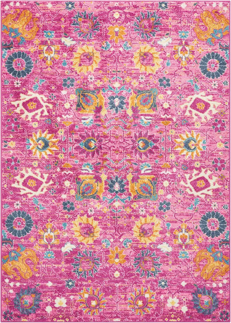 5' X 7' Fuchsia And Orange Floral Distressed Area Rug
