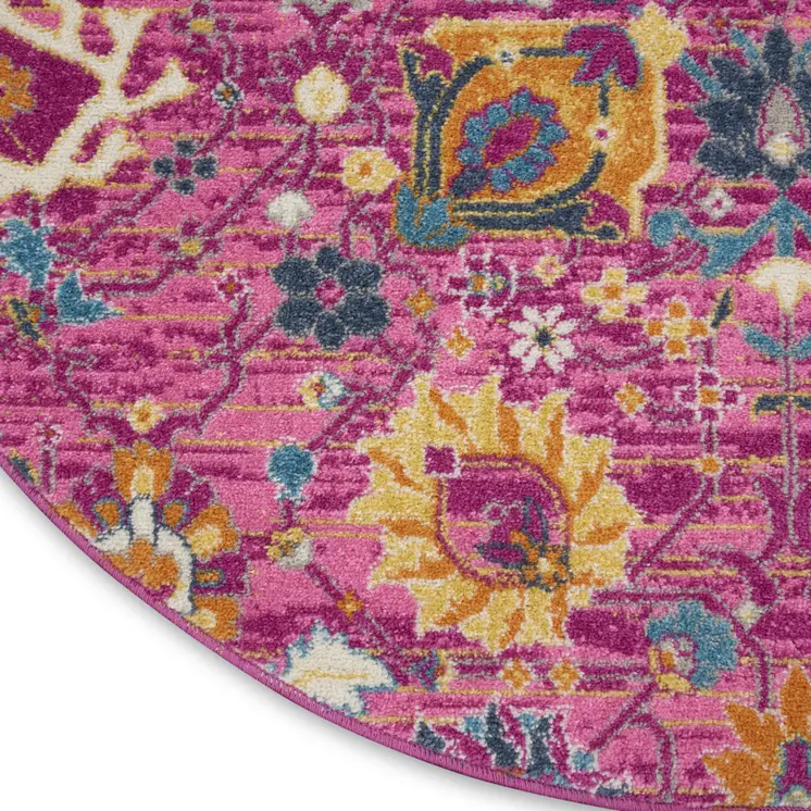 5' Fuchsia And Orange Floral Distressed Round Rug