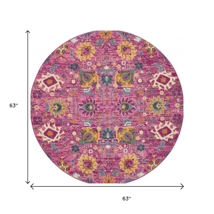 5' Fuchsia And Orange Floral Distressed Round Rug