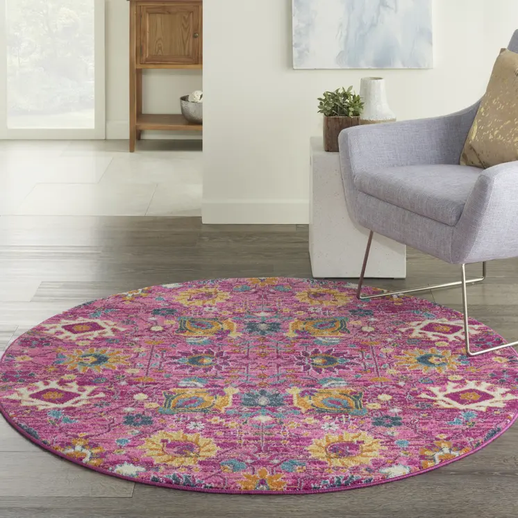 5' Fuchsia And Orange Floral Distressed Round Rug