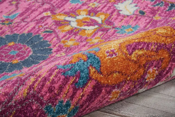 8' X 10' Fuchsia And Orange Floral Distressed Area Rug
