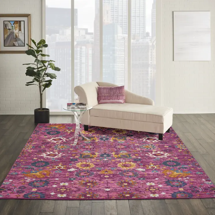 8' X 10' Fuchsia And Orange Floral Distressed Area Rug