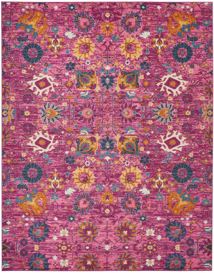 8' X 10' Fuchsia And Orange Floral Distressed Area Rug