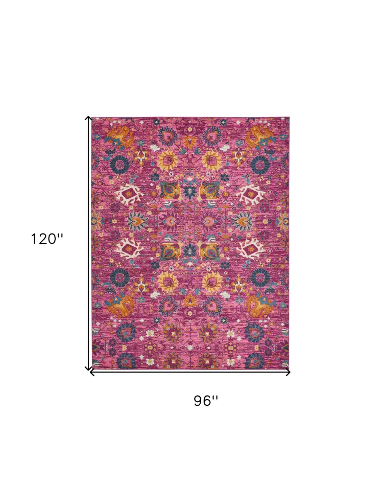 8' X 10' Fuchsia And Orange Floral Distressed Area Rug
