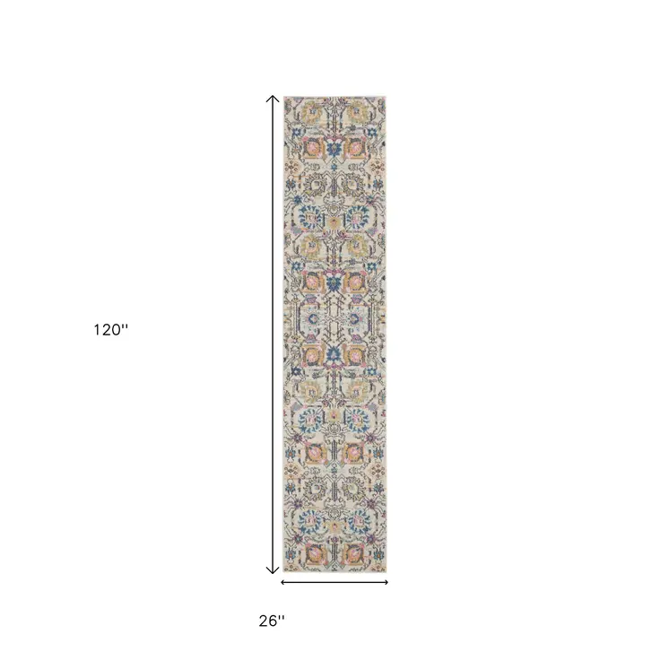 10' Ivory And Blue Floral Runner Rug