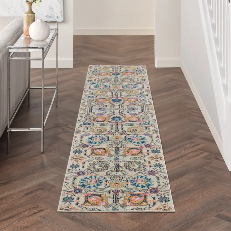 10' Ivory And Blue Floral Runner Rug
