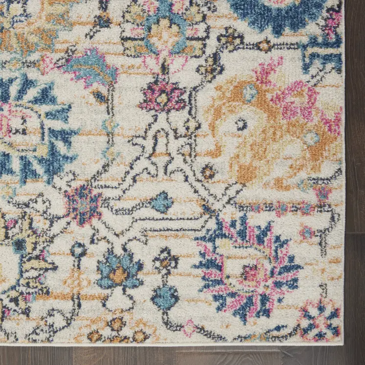 10' Ivory And Blue Floral Runner Rug