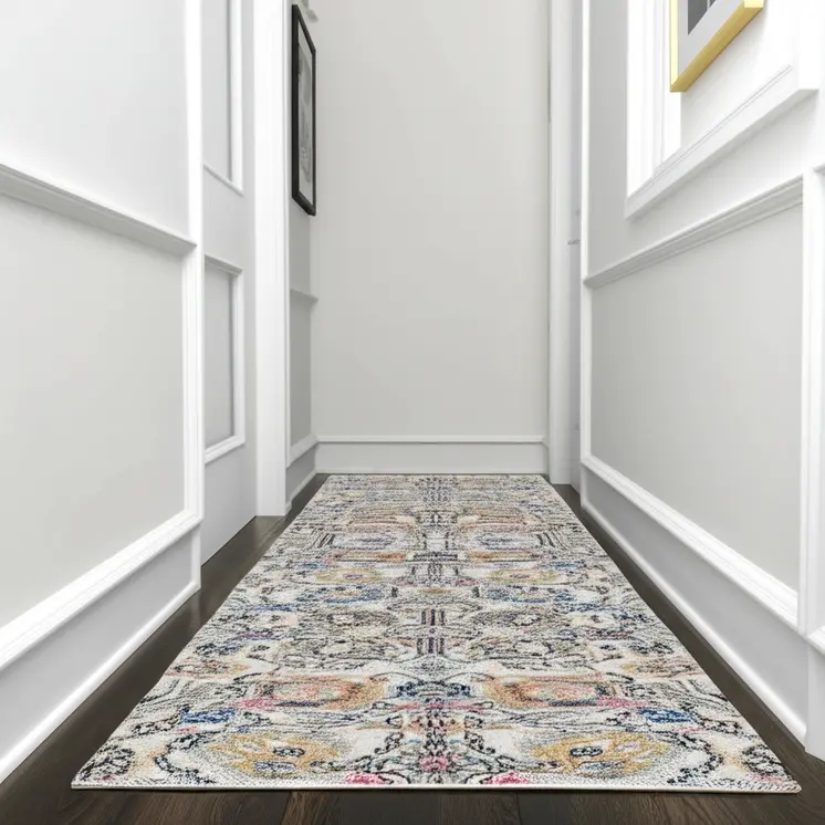 10' Ivory And Blue Floral Runner Rug