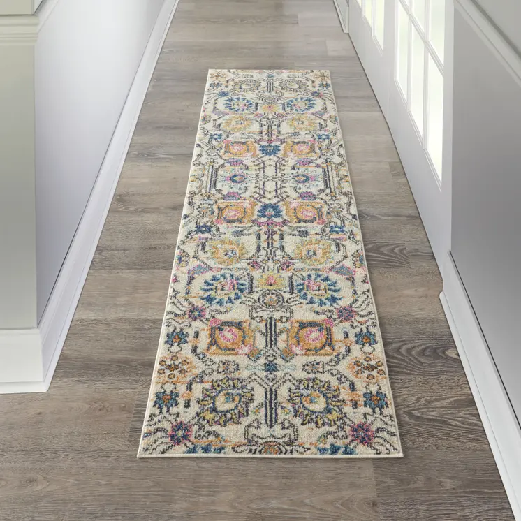 8' Ivory And Blue Floral Runner Rug