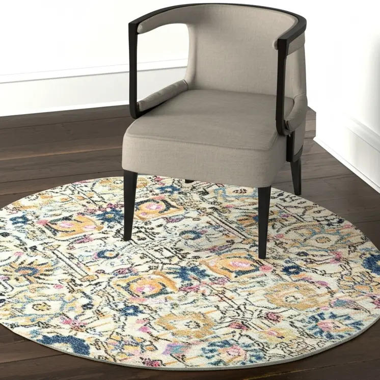 4' Ivory And Blue Floral Round Rug