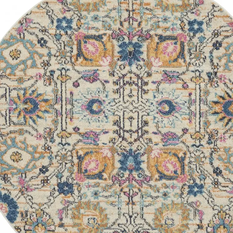 4' Ivory And Blue Floral Round Rug