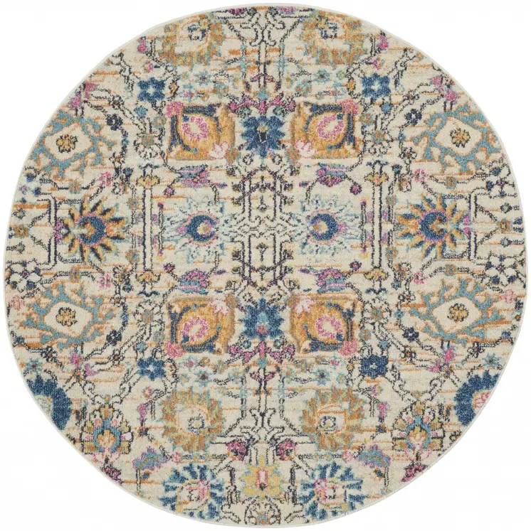 4' Ivory And Blue Floral Round Rug