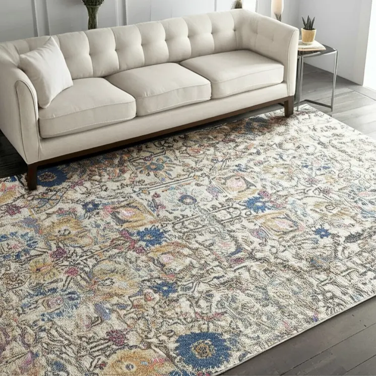 5' X 7' Ivory And Blue Floral Area Rug