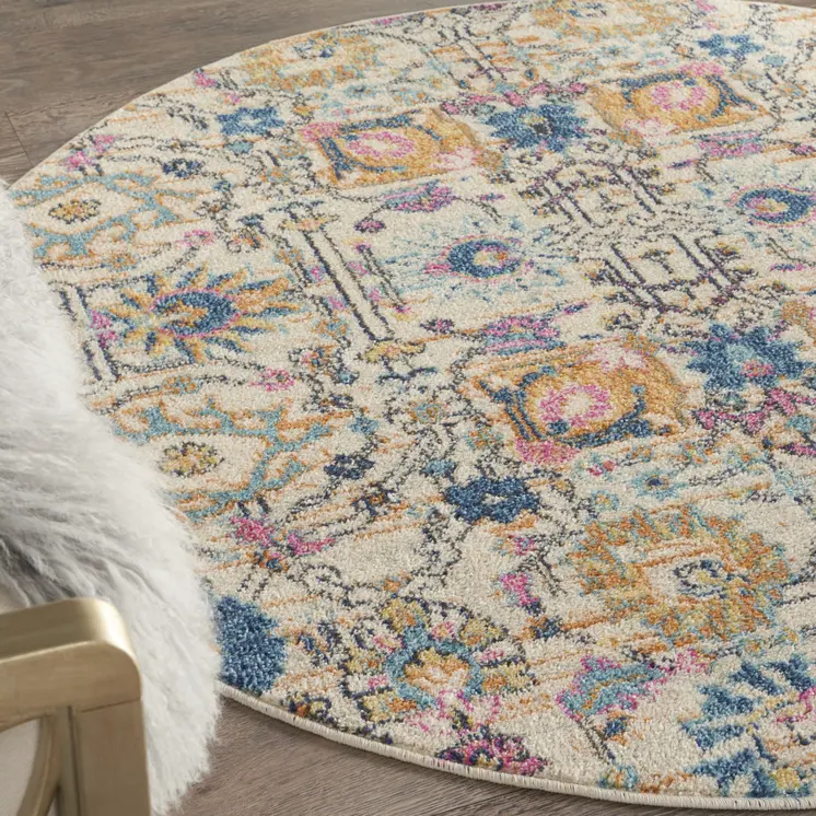 5' Ivory And Blue Floral Round Rug