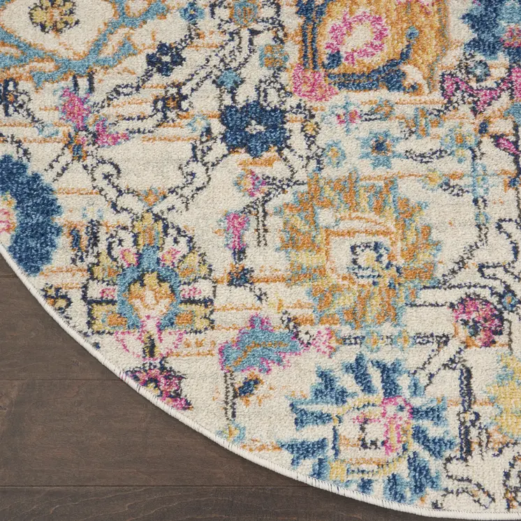 5' Ivory And Blue Floral Round Rug