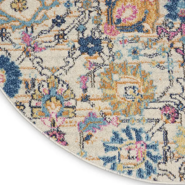 5' Ivory And Blue Floral Round Rug