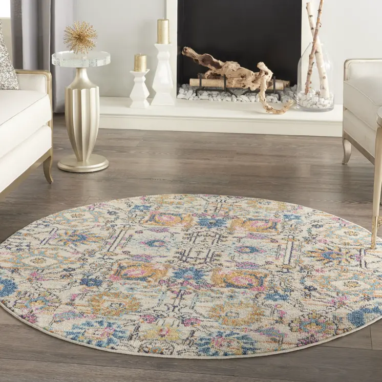5' Ivory And Blue Floral Round Rug