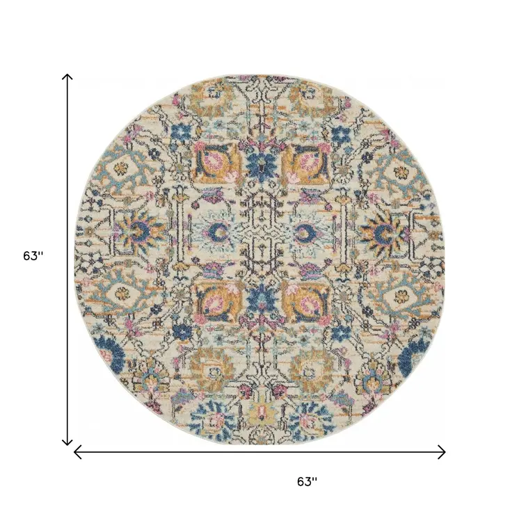 5' Ivory And Blue Floral Round Rug