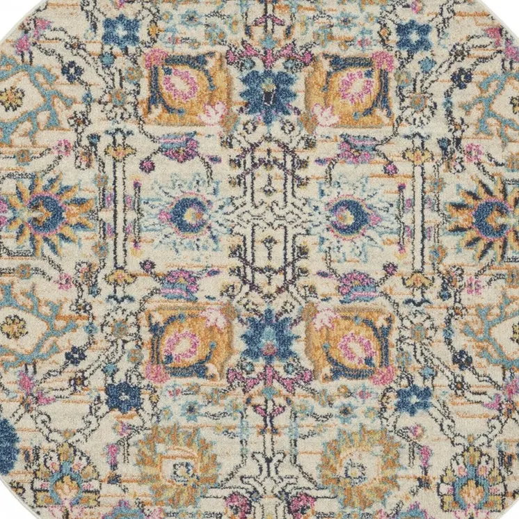 5' Ivory And Blue Floral Round Rug