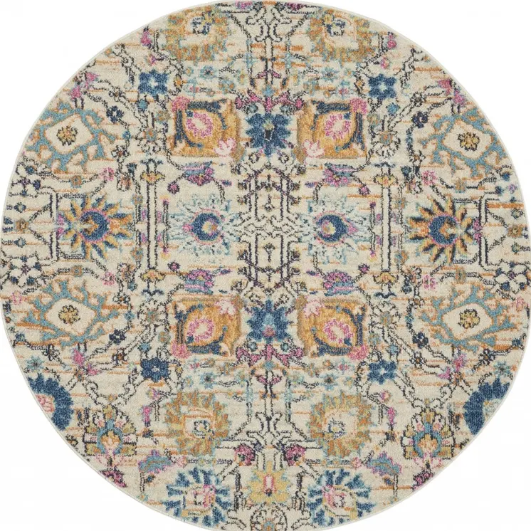5' Ivory And Blue Floral Round Rug