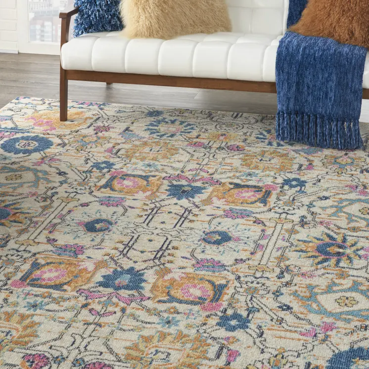 8' X 10' Ivory And Blue Floral Area Rug