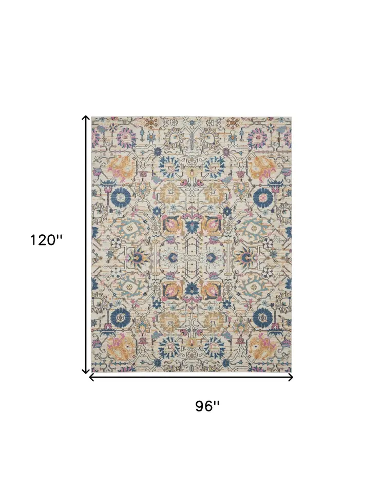 8' X 10' Ivory And Blue Floral Area Rug