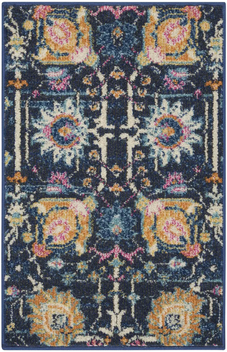 2' X 3' Navy Blue Yellow And Pink Floral Area Rug