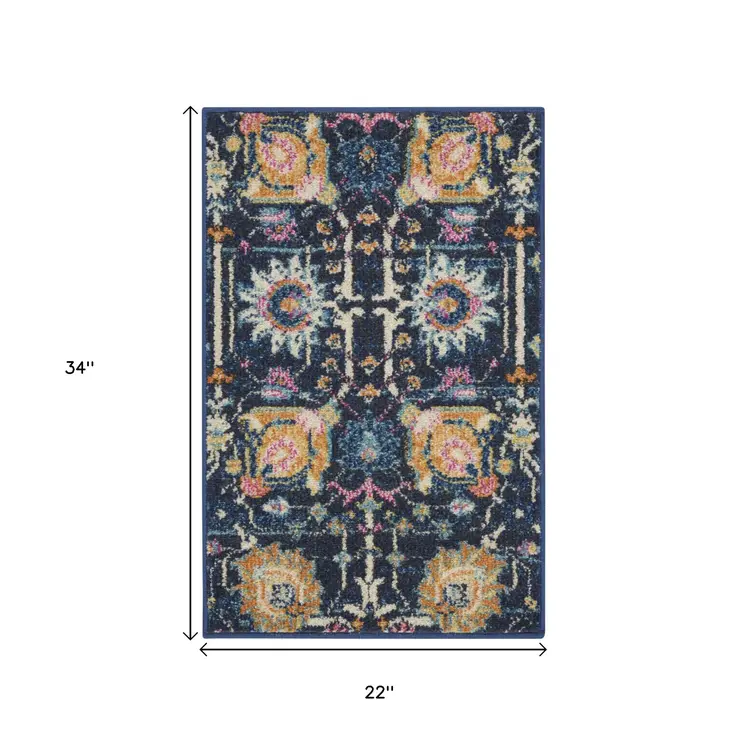2' X 3' Navy Blue Yellow And Pink Floral Area Rug
