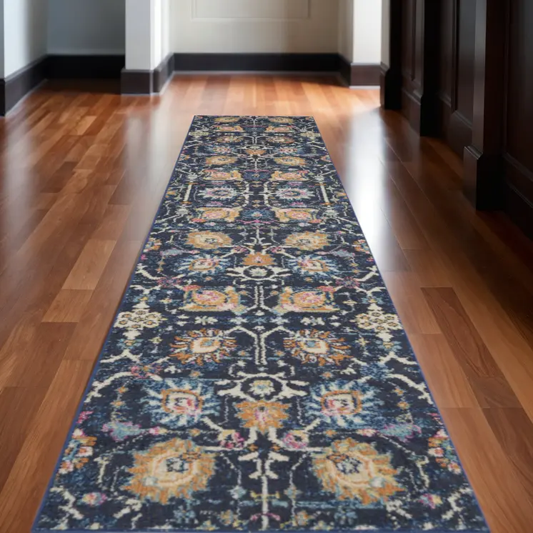 10' Navy Blue Yellow And Pink Floral Runner Rug