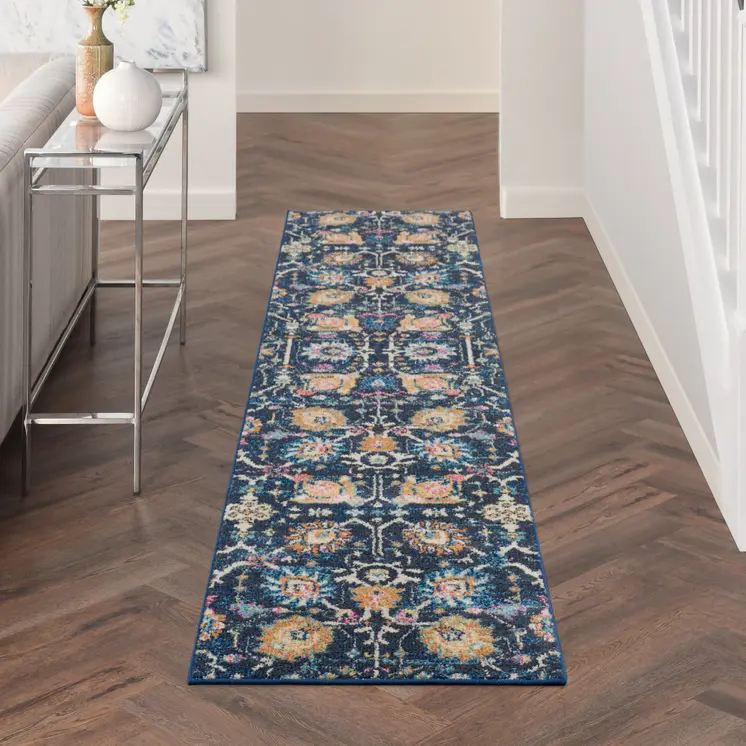 10' Navy Blue Yellow And Pink Floral Runner Rug
